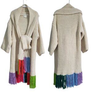 NWT by Anthropologie Rainbow Fringe Cream Knit Cardigan/Scarf Bundle - One Size